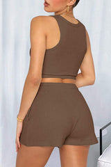 Round Neck Top and Drawstring Shorts Set - Trendsi - Flyclothing LLC