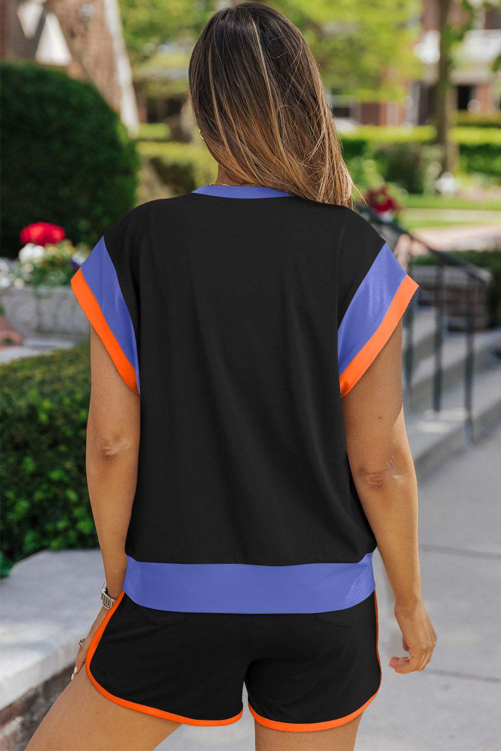 Contrast Round Neck Top and Shorts Set - Trendsi - Flyclothing LLC