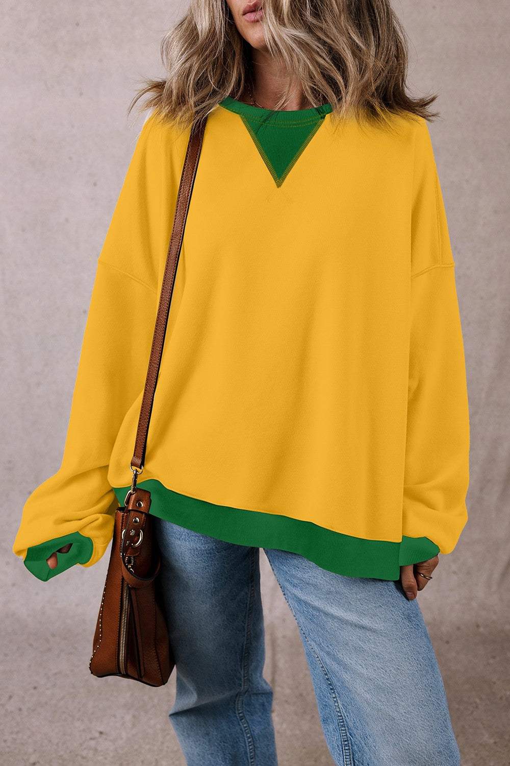 Contrast Round Neck Long Sleeve Sweatshirt - Trendsi - Flyclothing LLC