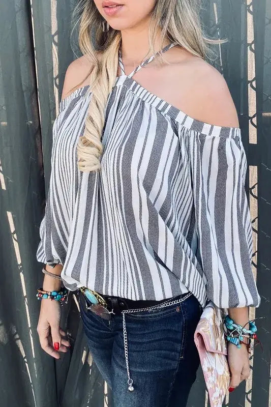 And The Why Stripe Printed Cold Shoulder Halter Neck Top - Trendsi - Flyclothing LLC