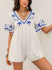 Printed V-Neck Half Sleeve Romper - Trendsi