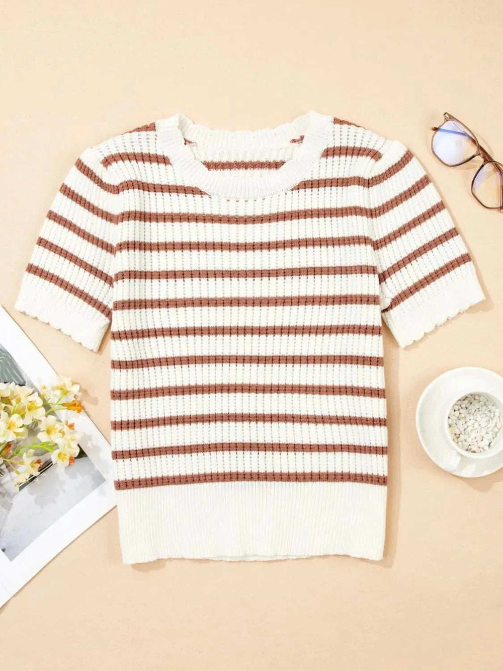 Stripe Scalloped Round Neck Short Sleeve Sweater - Trendsi - Flyclothing LLC