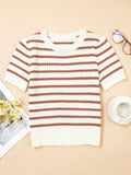 Stripe Scalloped Round Neck Short Sleeve Sweater - Trendsi