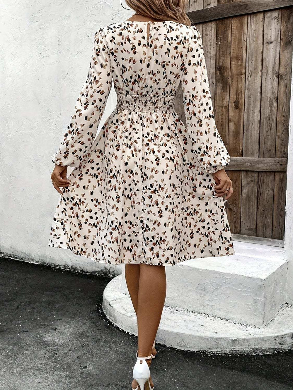 Printed Round Neck Long Sleeve Dress - Trendsi - Flyclothing LLC