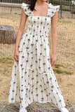 Bow Print Smocked Square Neck Ruffle Tiered Maxi Dress - Trendsi