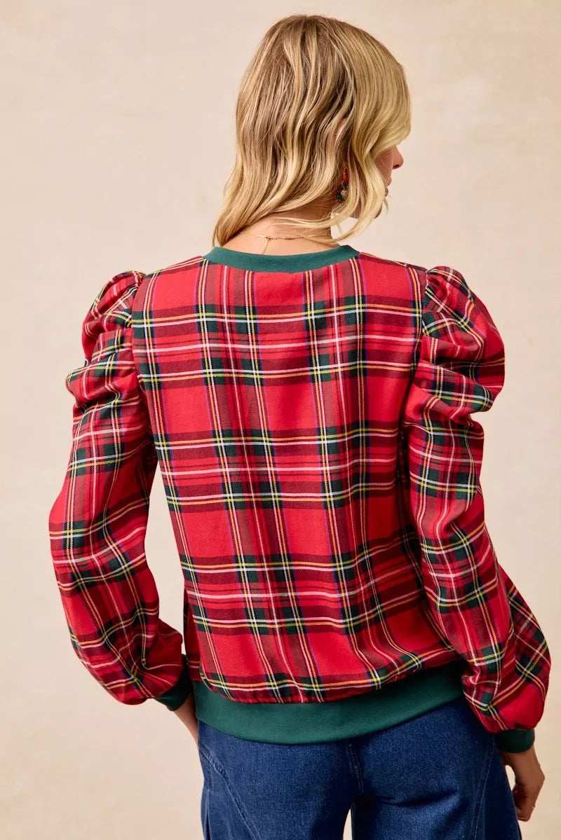 BiBi Christmas Plaid Exaggerated Shoulder Sleeves Top - Trendsi - Flyclothing LLC