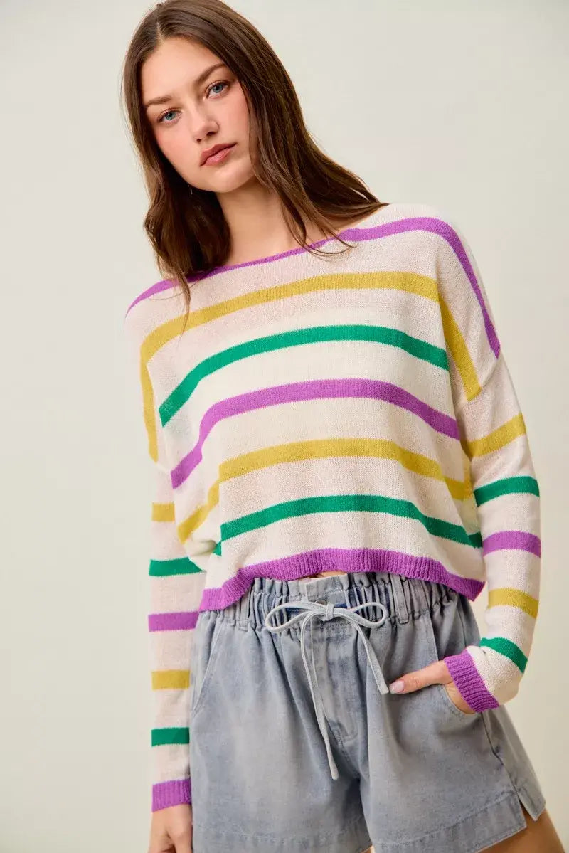 SO ME Mardi Gras Color Stripe Lightweight Sweater Top - Trendsi - Flyclothing LLC