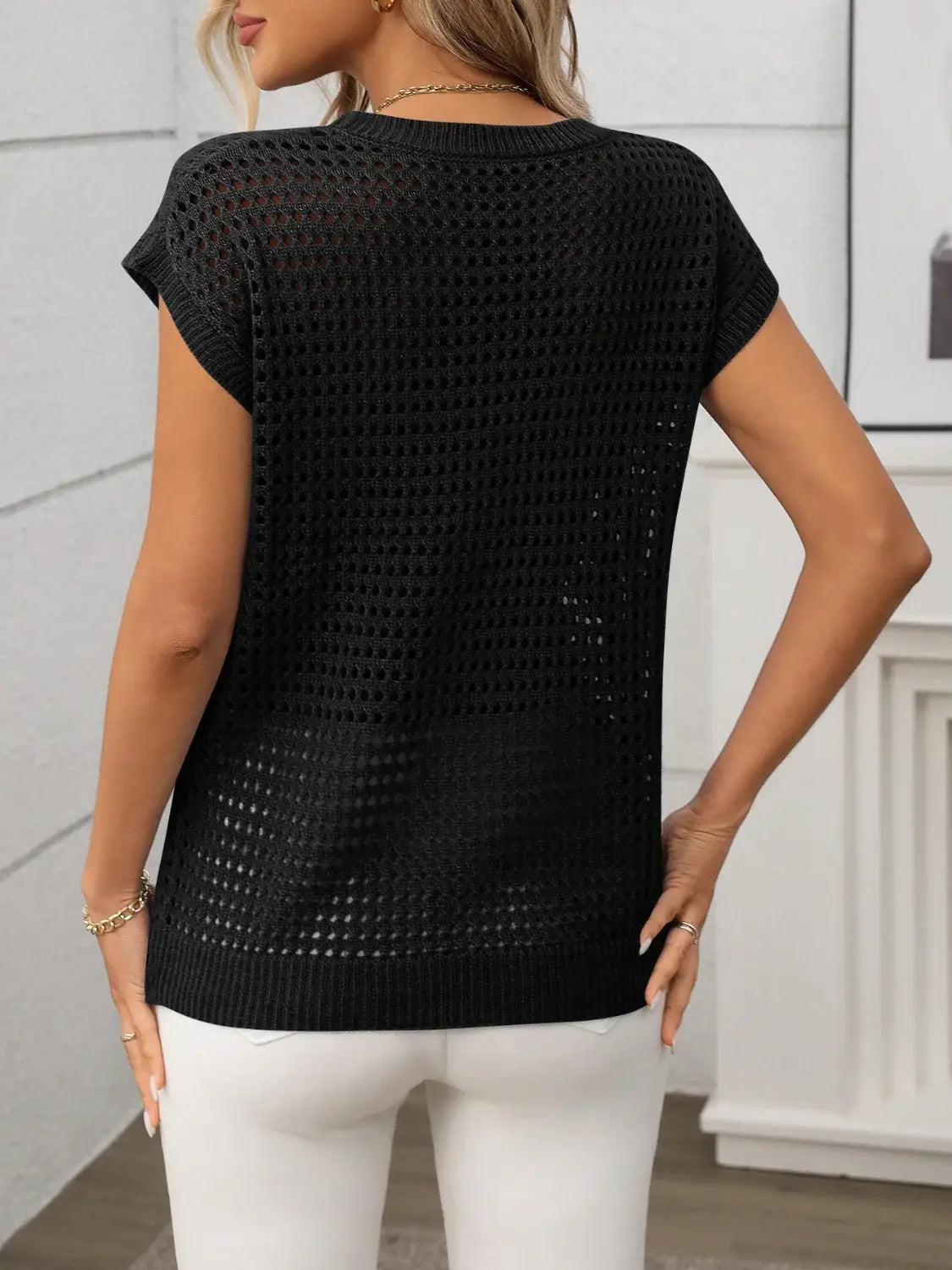 Openwork Round Neck Short Sleeve Knit Cover Up - Trendsi - Flyclothing LLC