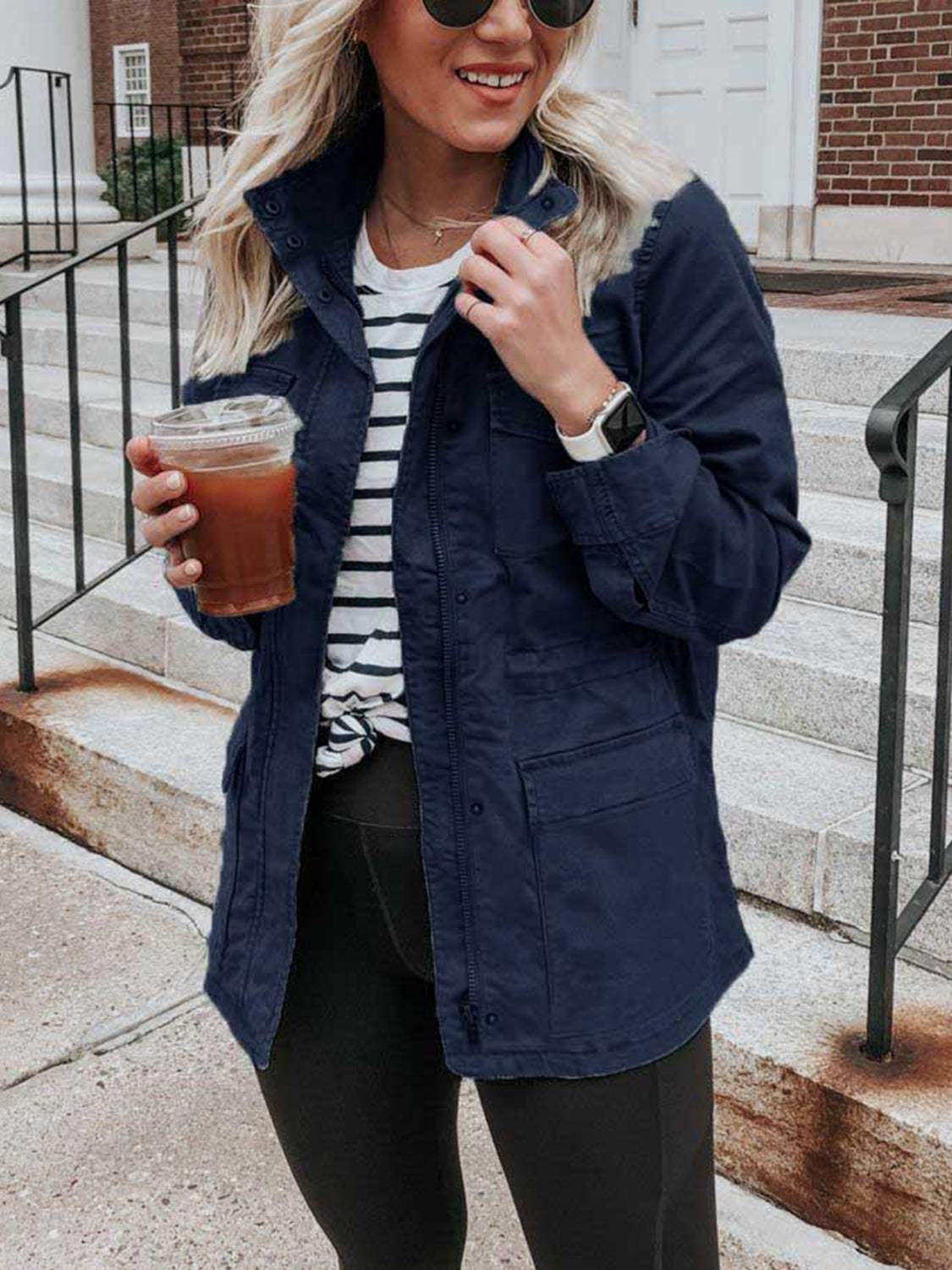 Pocketed Long Sleeve Zip Up Jacket - Trendsi - Flyclothing LLC