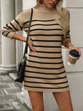 Striped Mock Neck Long Sleeve Mini Dress - Trendsi