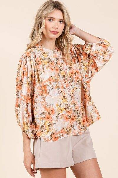Mittoshop Flower Print Batwing Sleeve Button Down Blouse - Trendsi - Flyclothing LLC