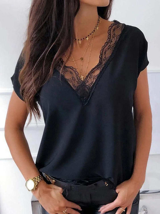 Full Size Lace Detail V-Neck Short Sleeve Blouse - Trendsi - Flyclothing LLC