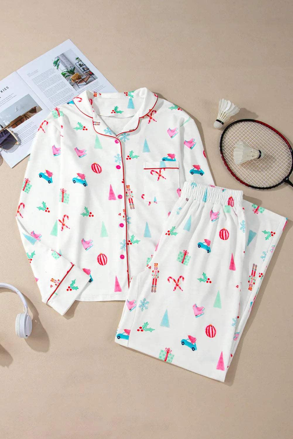 Printed Collared Neck Long Sleeve Top and Pants Lounge Set - Trendsi - Flyclothing LLC