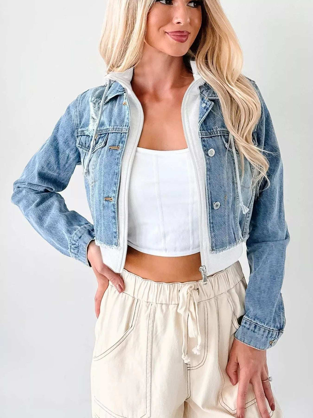 Distressed Zip Up Cropped Hooded Denim Jacket - Trendsi - Flyclothing LLC
