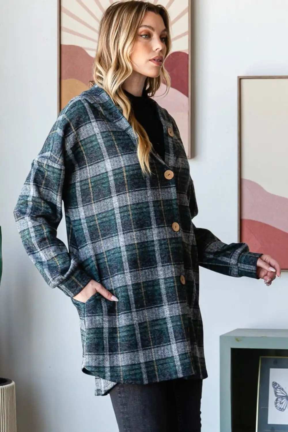 Heimish Plaid Button Down Long Sleeve Hooded Cardigan - Trendsi - Flyclothing LLC