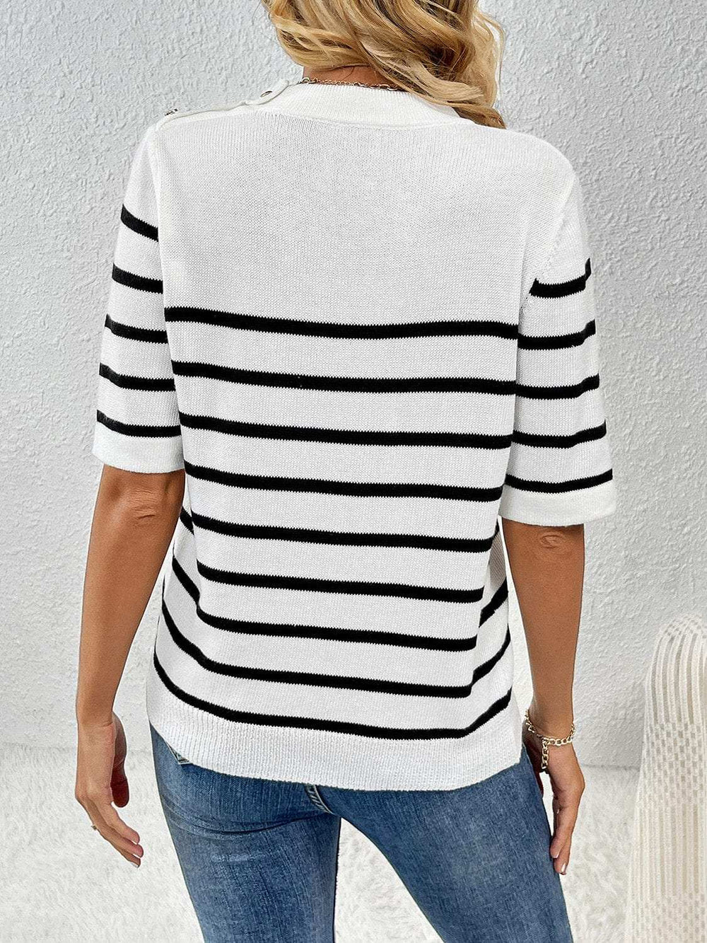 Striped Round Neck Half Sleeve Knit Top - Trendsi - Flyclothing LLC