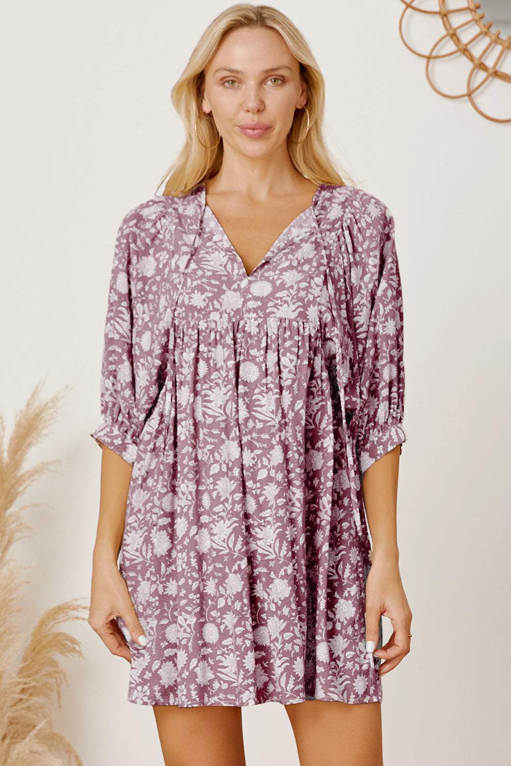 Floral Tie Neck Ruched Babydoll Dress - Trendsi - Flyclothing LLC