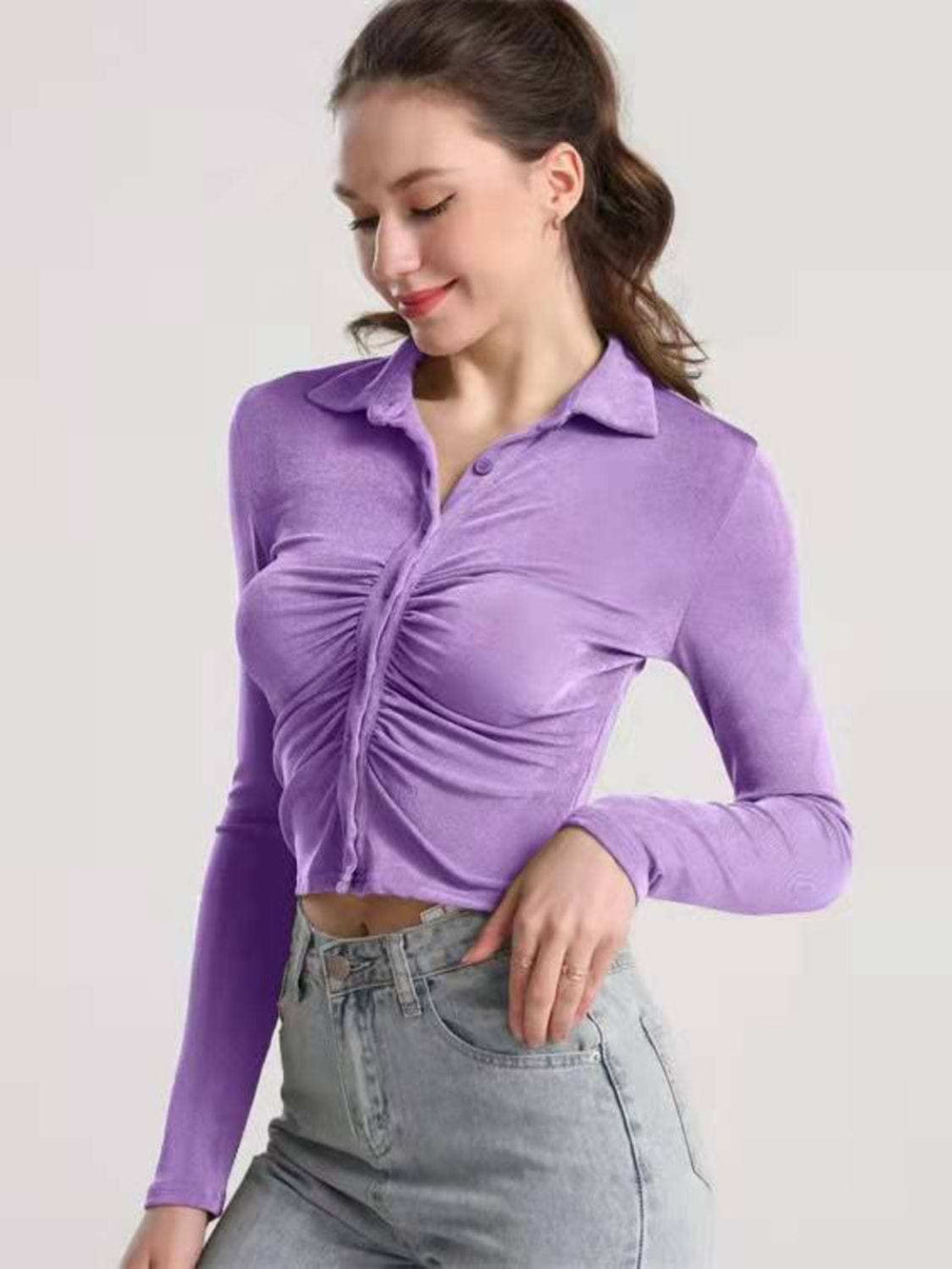 Ruched Button Up Long Sleeve T-Shirt - Trendsi - Flyclothing LLC