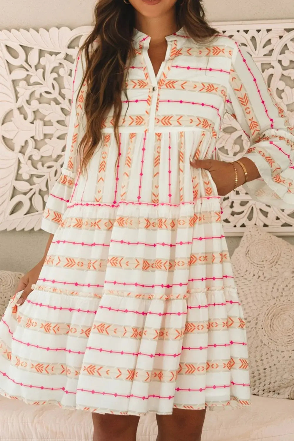 Printed Ruffled Notched Loose Dress - Trendsi - Flyclothing LLC