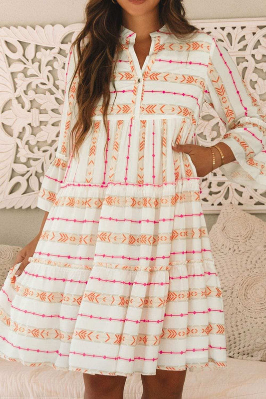 Printed Ruffled Notched Loose Dress - Trendsi - Flyclothing LLC