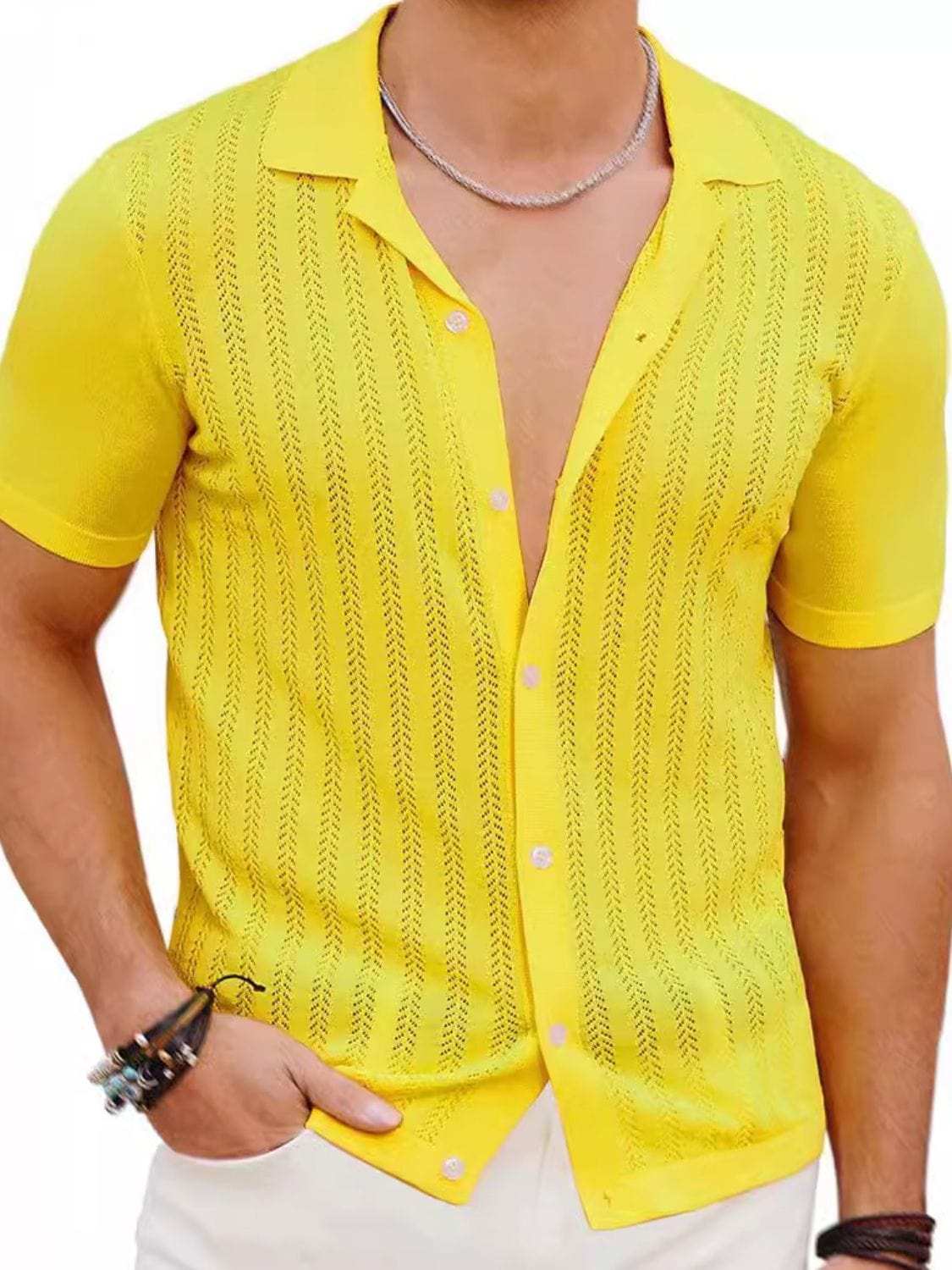 Men's Full Size Openwork Button Down Short Sleeve Shirt Plus Size - Trendsi - Flyclothing LLC