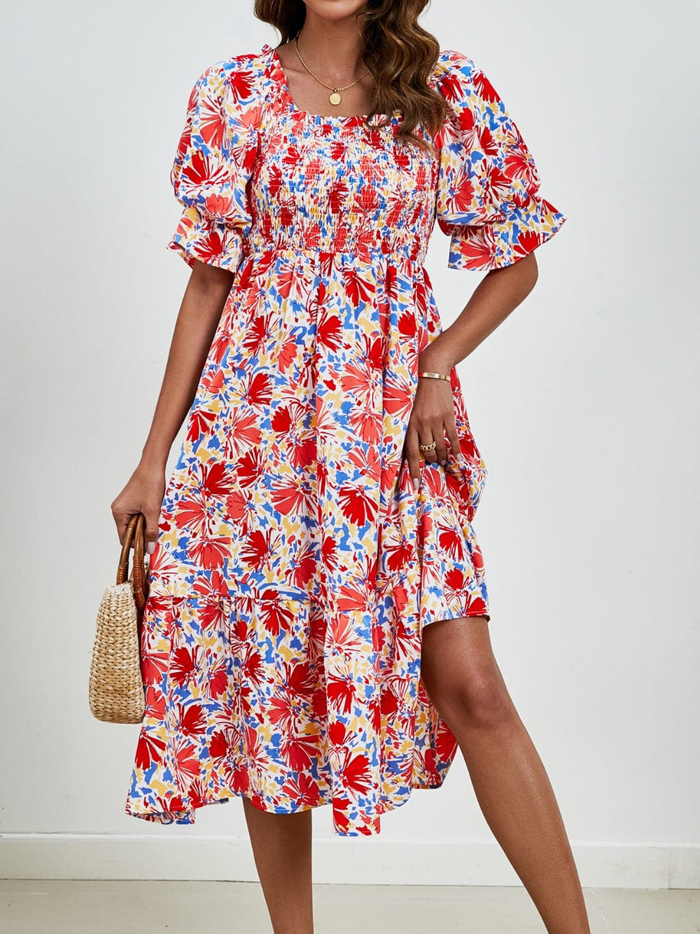 Smocked Floral Square Neck Short Sleeve Dress - Trendsi