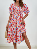 Smocked Floral Square Neck Short Sleeve Dress - Trendsi