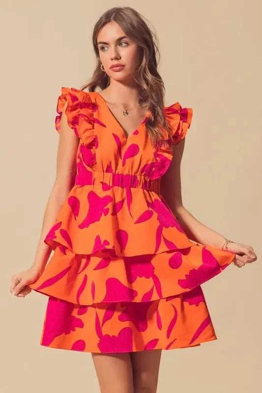 SO ME Floral V Neck Layered Dress with Elasticized Waist - Trendsi - Flyclothing LLC