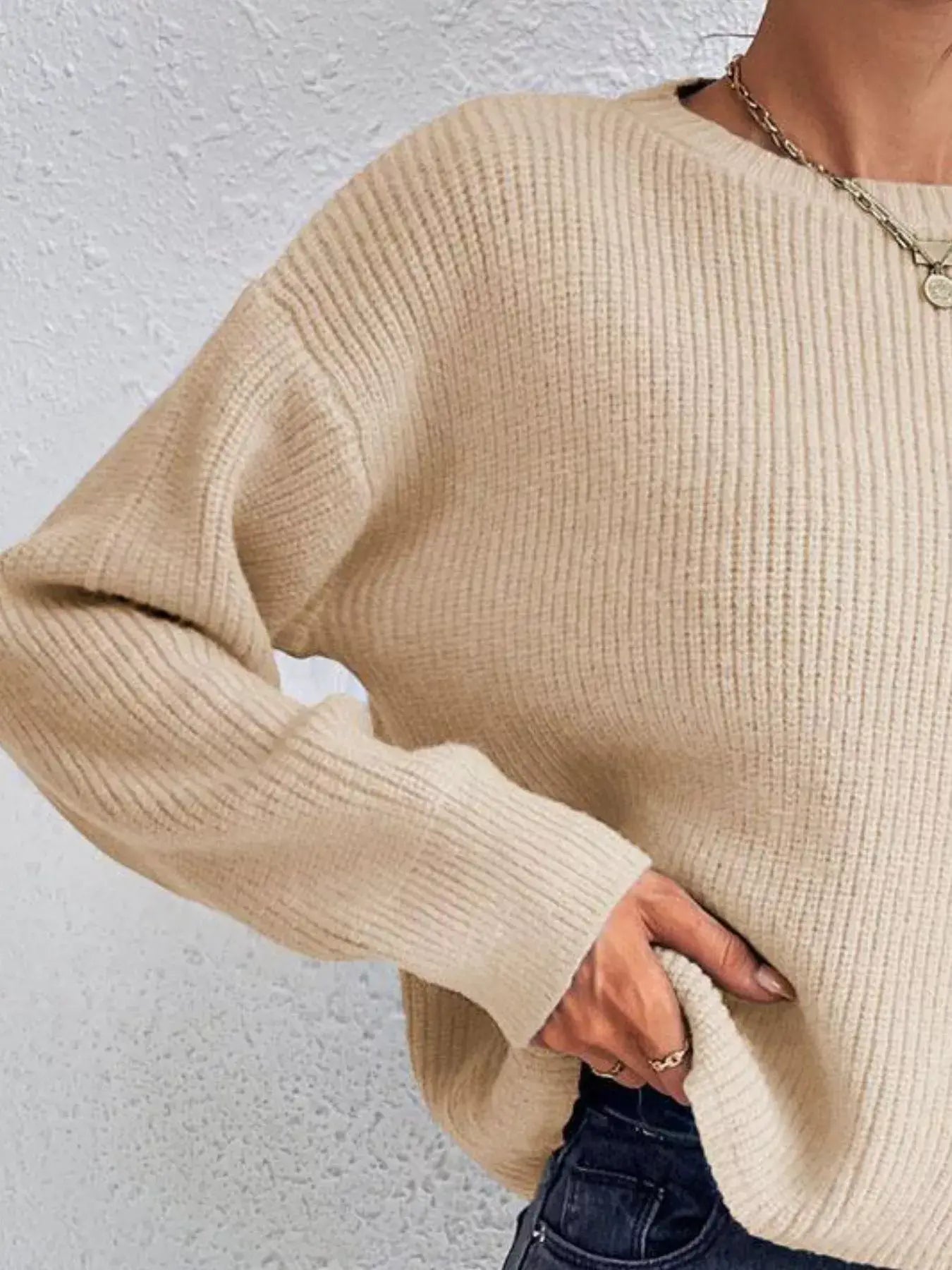 Ribbed Knit Dropped Shoulder Sweater - Trendsi - Flyclothing LLC