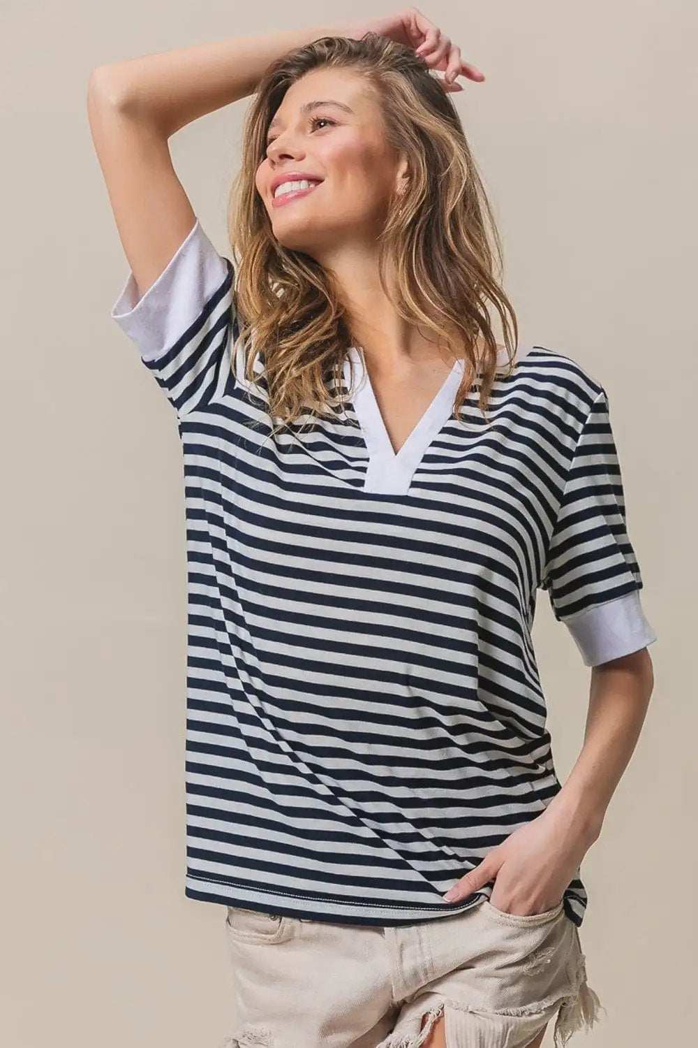 BiBi Contrast Striped Notched Knit Top - Trendsi - Flyclothing LLC