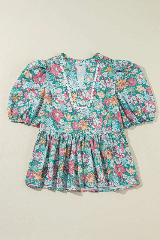 Printed Notched Short Sleeve Blouse - Trendsi - Flyclothing LLC