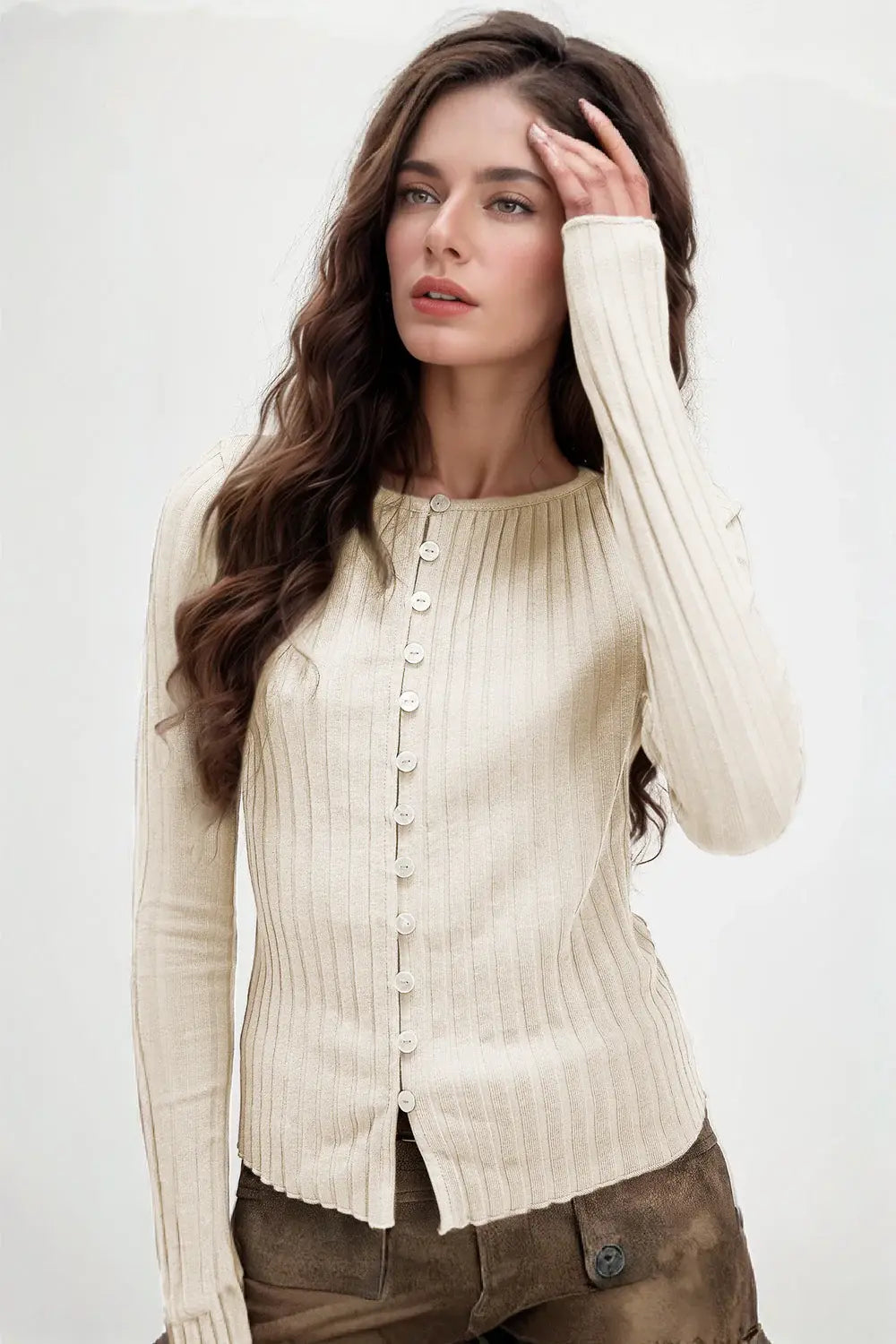 Basic Bae Texture Button Up Round Neck Long Sleeve Top - ShopBasicbae - Flyclothing LLC