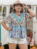 Plus Size Ruched Lace Detail Printed V-Neck Short Sleeve Blouse - Trendsi