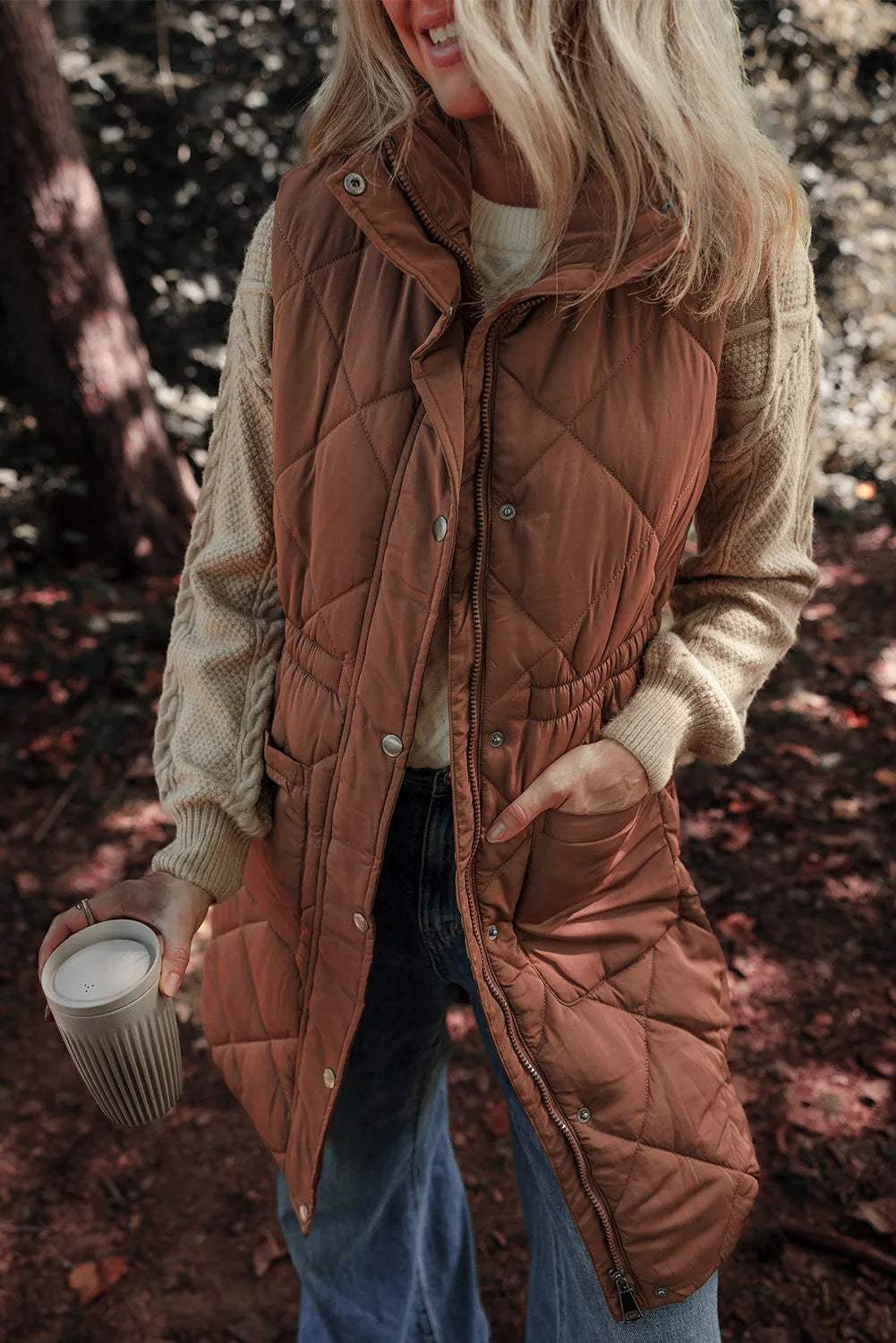 Pocketed Zipper and Button Vest Coat - Trendsi - Flyclothing LLC