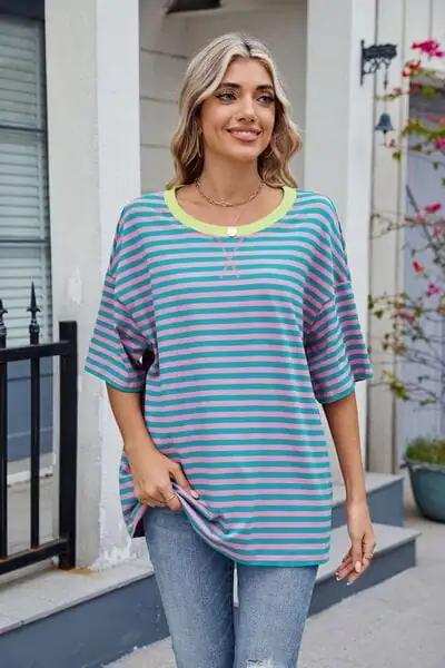 Contrast Striped Round Neck Half Sleeve T-Shirt - Trendsi - Flyclothing LLC