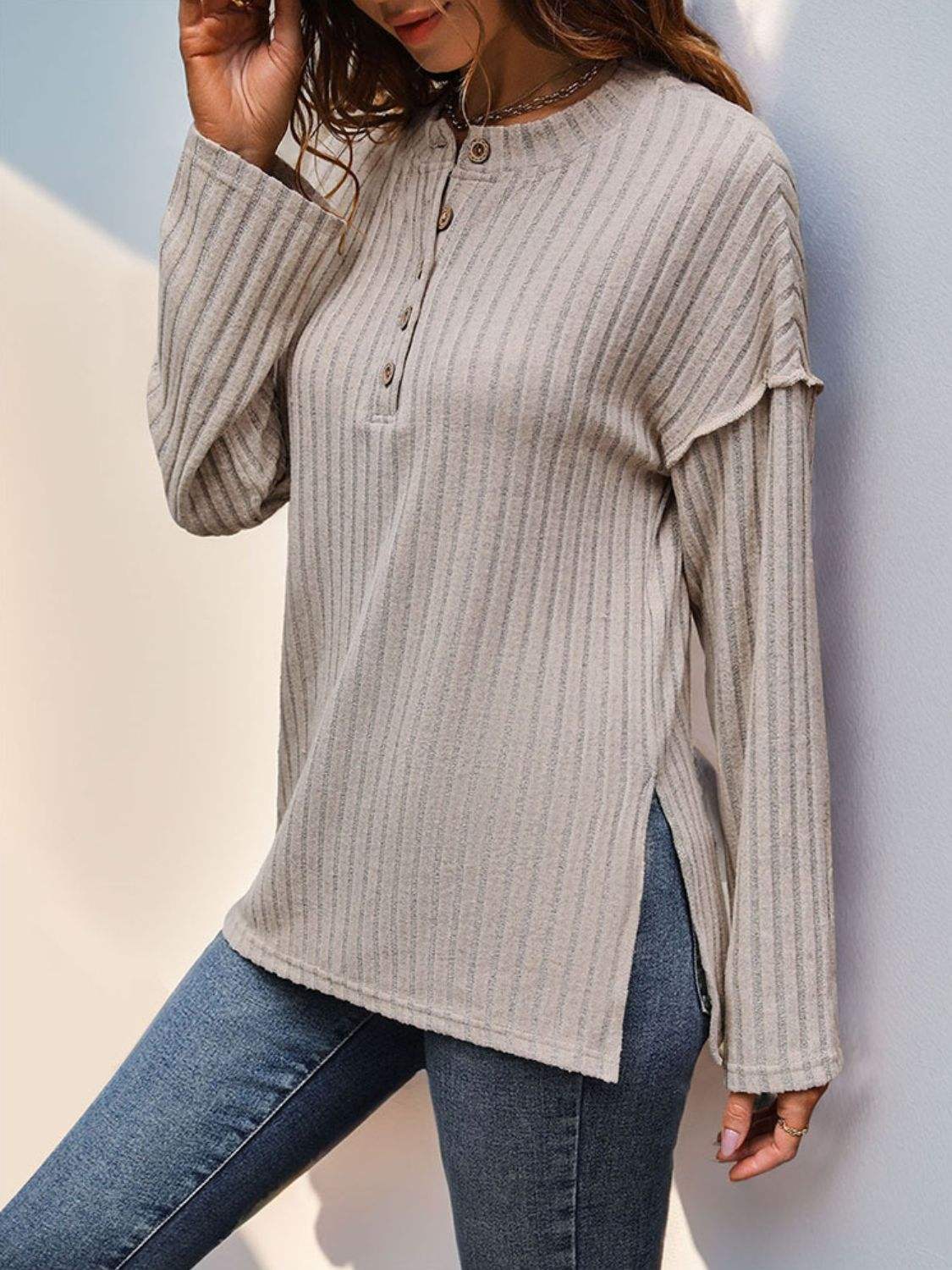 Slit Half Button Long Sleeve T-Shirt - Trendsi - Flyclothing LLC