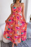 Botanical Print Tied Backless Cutout Slit Dress - Trendsi