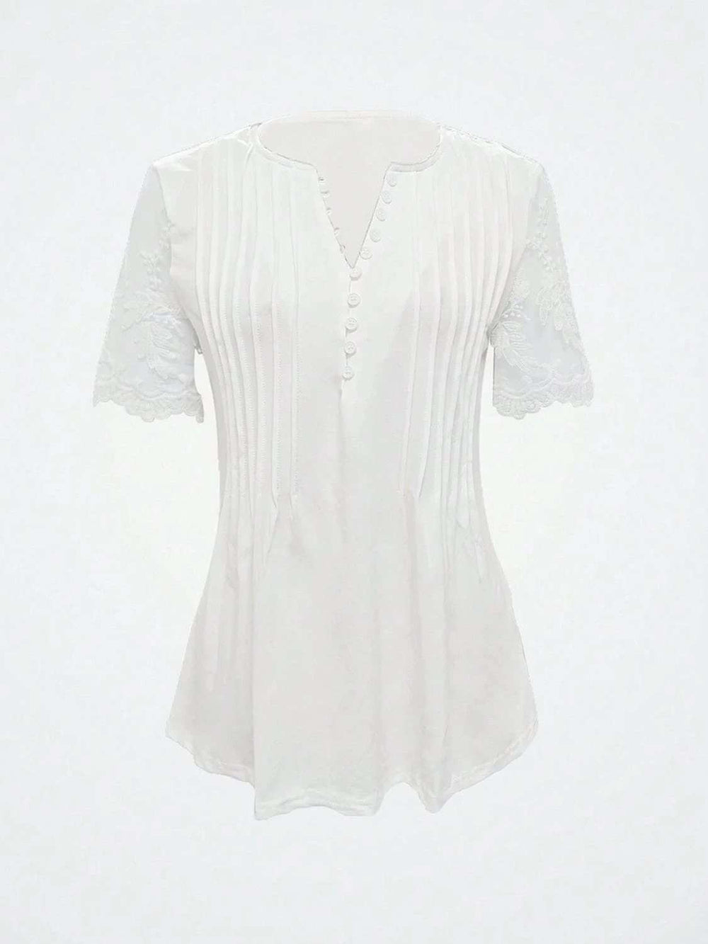 Notched Lace Short Sleeve Top - Trendsi - Flyclothing LLC