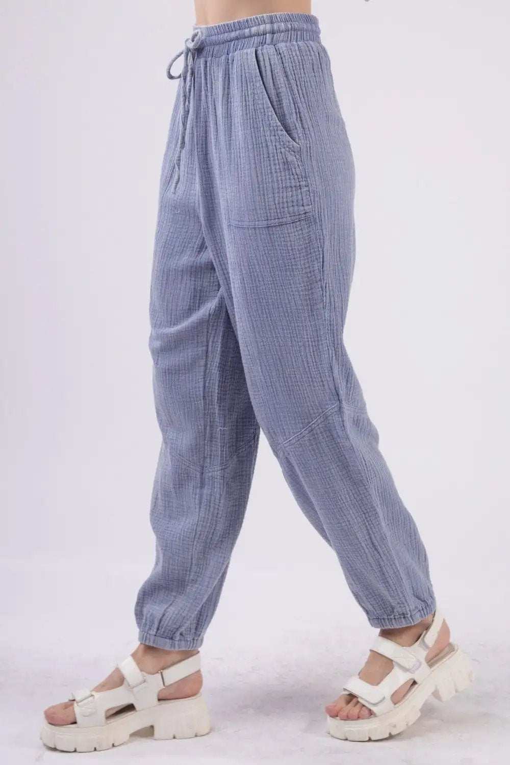 VERY J Washed Woven Crinkle Gauze Drawstring Cargo Pants - Trendsi - Flyclothing LLC