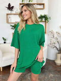 Double Take Full Size Texture Round Neck Drop Shoulder T-Shirt and Shorts Set - Trendsi - Flyclothing LLC