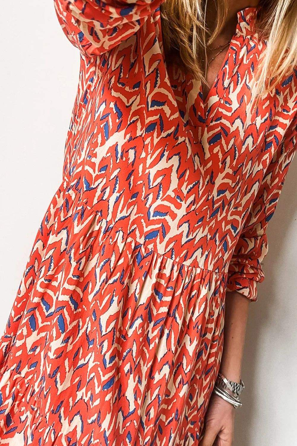 Plus Size Printed Notched Long Sleeve Dress - Trendsi - Flyclothing LLC