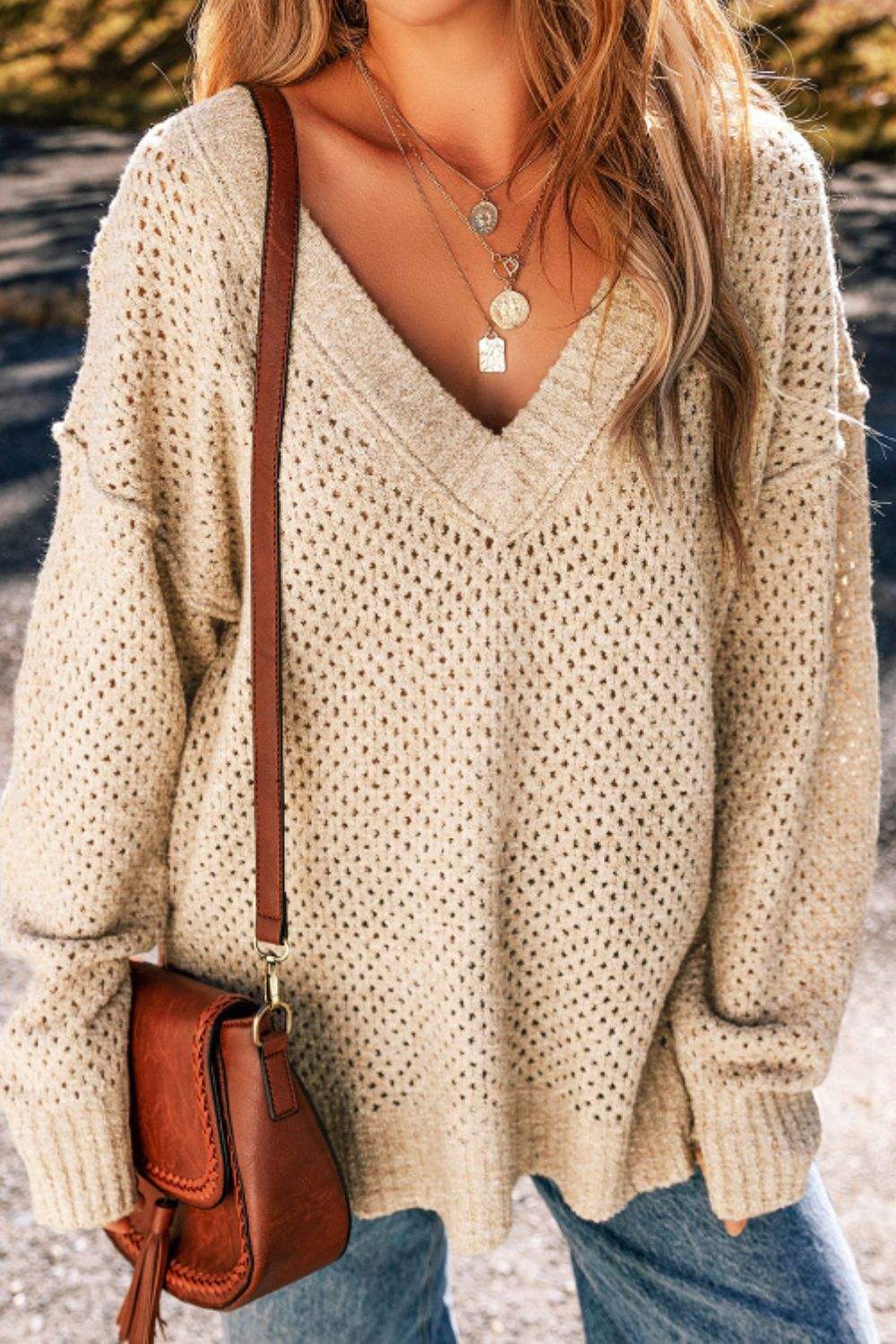 V-Neck Dropped Shoulder Long Sleeve Sweater - Trendsi - Flyclothing LLC