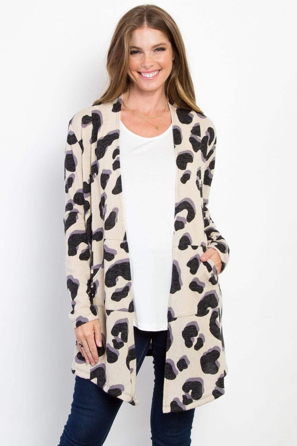 Be Stage Printed Open Front Knit Cardigan with Pockets - Trendsi - Flyclothing LLC