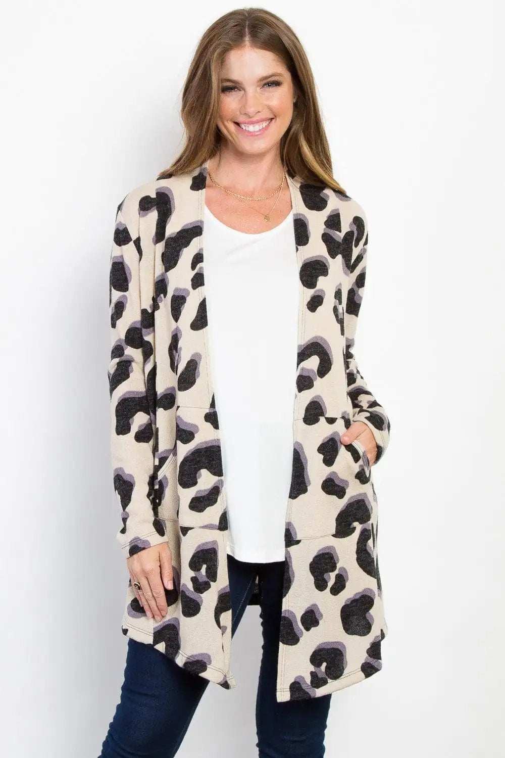 Be Stage Printed Open Front Knit Cardigan with Pockets - Trendsi