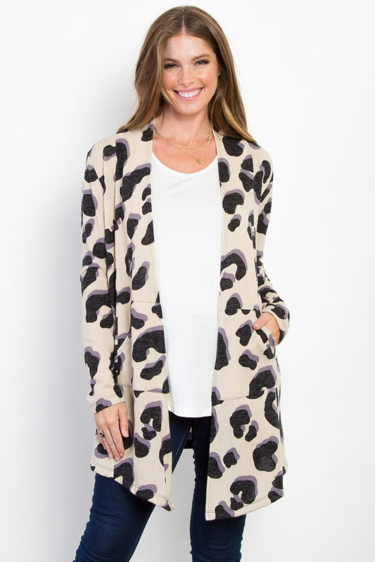 Be Stage Printed Open Front Knit Cardigan with Pockets - Trendsi