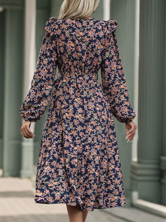 Printed Surplice Long Sleeve Midi Dress - Trendsi