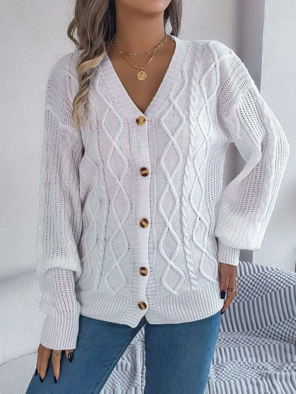 Cable-Knit Long Sleeve Cardigan - Trendsi - Flyclothing LLC