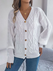 Cable-Knit Long Sleeve Cardigan - Trendsi