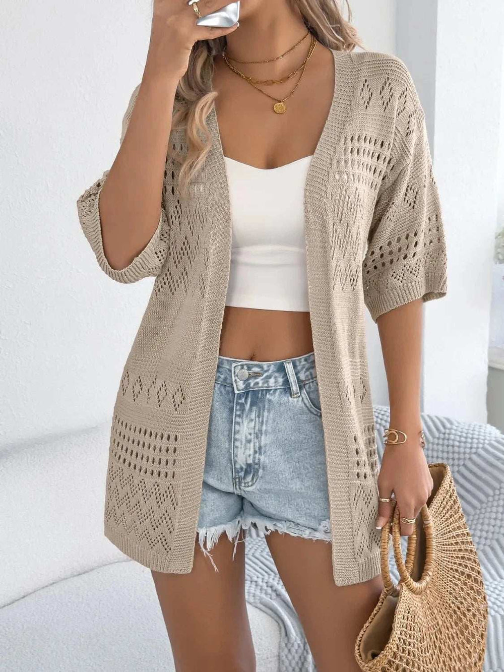 Openwork Open Front Half Sleeve Cardigan - Trendsi - Flyclothing LLC