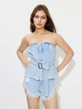 Buttoned Raw Hem Tube Denim Top - Trendsi - Flyclothing LLC